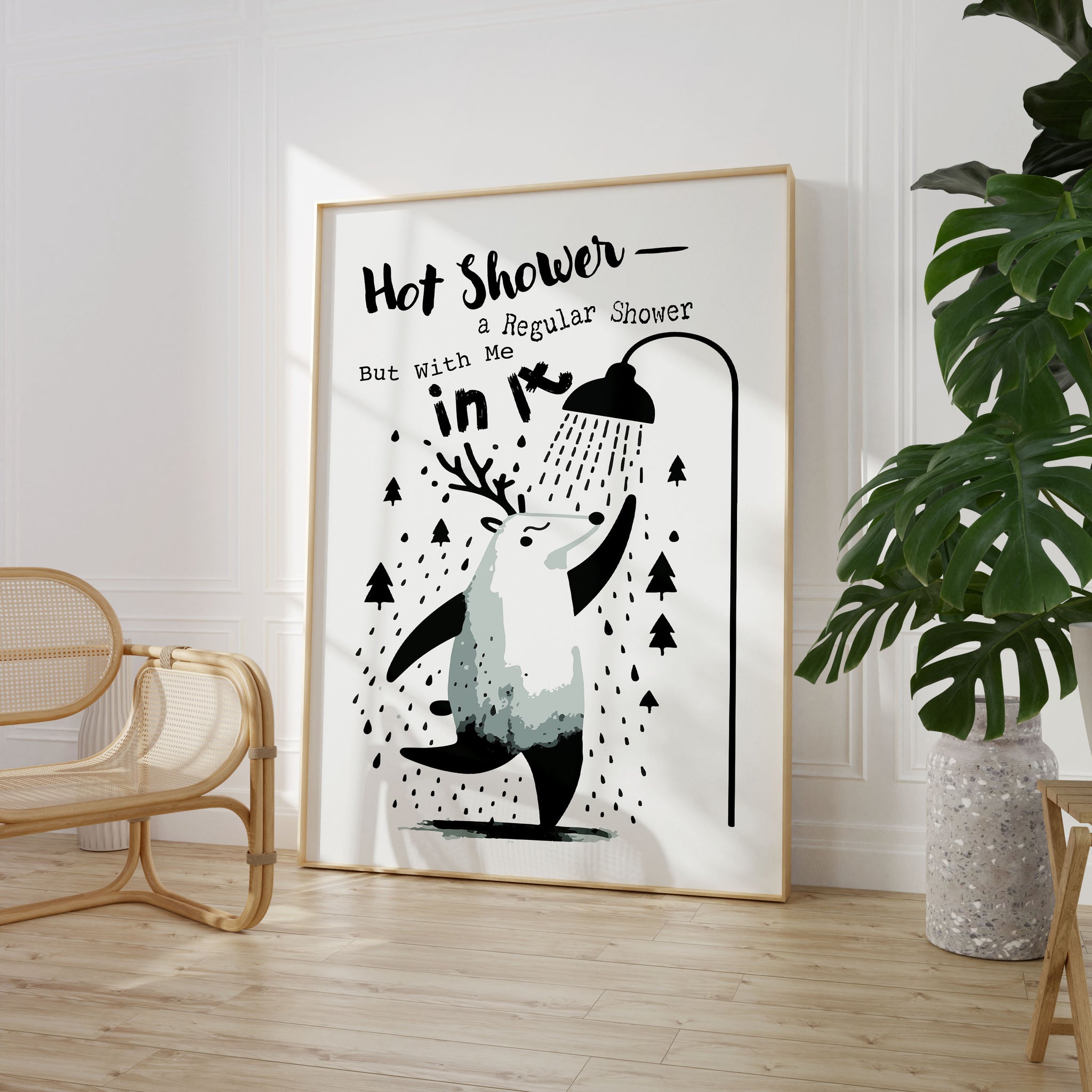 Naljakas vannitoa poster põdraga duši all